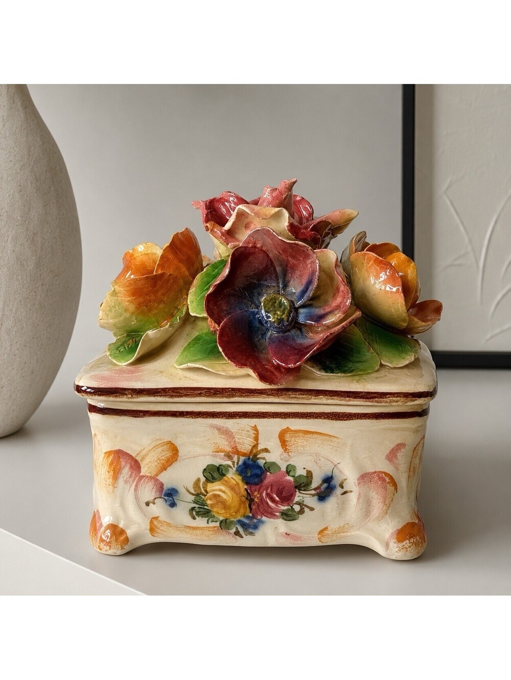 Vintage Capodimonte Floral Ceramic Trinket Box Hand Painted Roses Italy